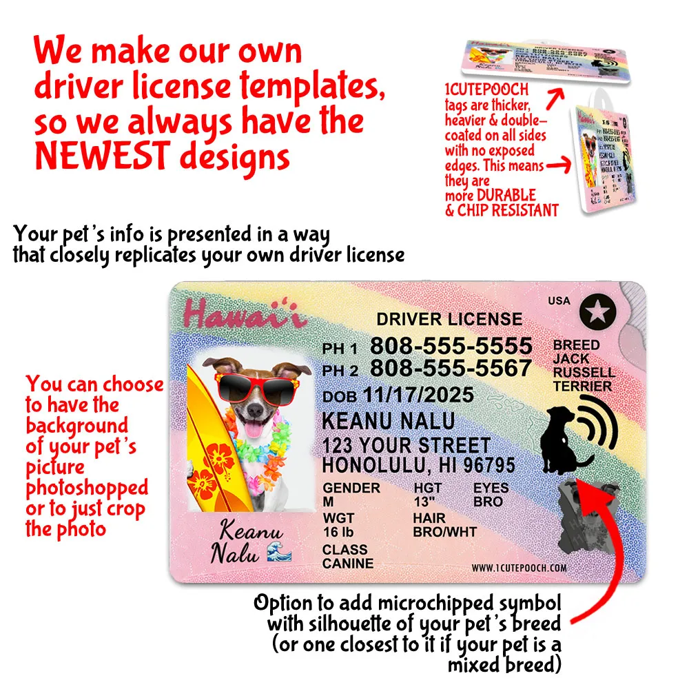 Hawaii2 Driver License ID Tag and Wallet Card features